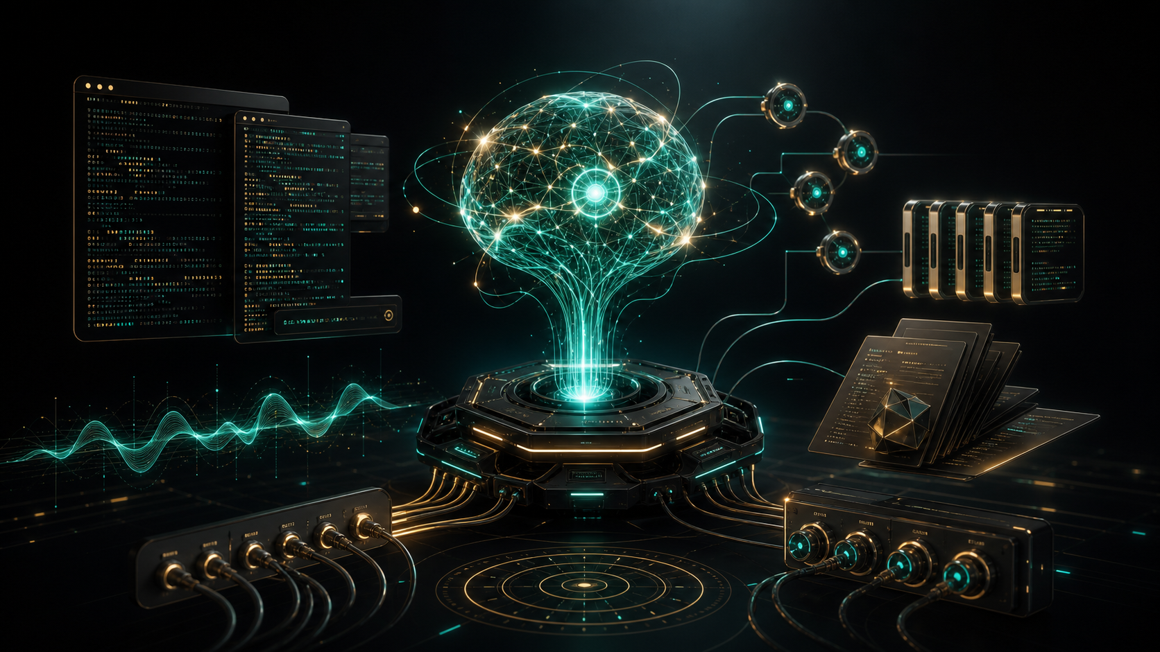 A luminous AI agent core connected to terminal windows, memory cards, tools, and gateway nodes.