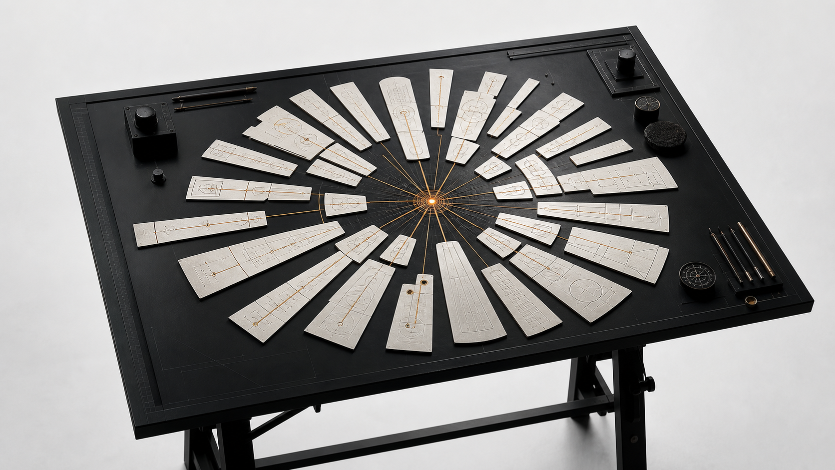 Thirty ivory knowledge fragments arranged as one architectural system on a black drafting table